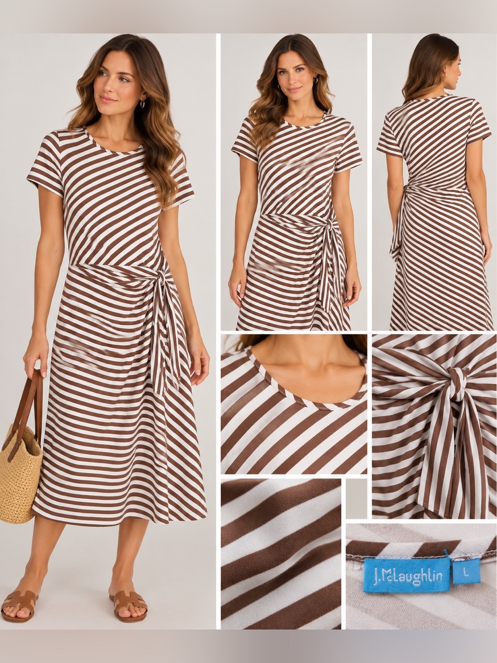 J.McLaughlin Elora Dress Brown White Striped Side Tie Catalina Cloth L